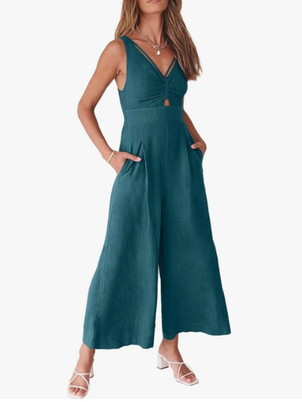 ANRABESS Summer Linen Wide Leg Sleeveless Jumpsuit | Small | Teal Blue NWOT